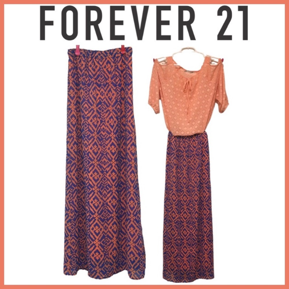 FOREVER 21 Maxi Skirt: Coral and Blue Diamond Pattern, Retro, Lined, Small